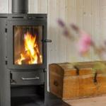Wood stove with burning logs, next to wooden chest and flowers in foreground.