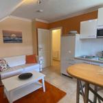 Wohnbereich mit Sofa, Couchtisch und Küchenzeile mit Mikrowelle und Kaffeemaschine.