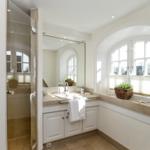 Badezimmer mit Dusche, Waschbecken und Bogenfenster mit Pflanze.