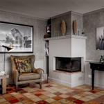 Wohnzimmer mit Kamin, Sessel und dekorativen Bildern an den Wänden.