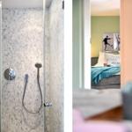 Dusche mit Mosaikwand und Handbrause. Schlafzimmer mit Bett und Wandbild.