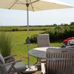 Terrace with table, chairs, and umbrella. View of green field and flower beds.