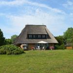House with thatched roof, garden, terrace, and seating areas.