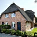 Haus mit Strohdach, roten Ziegeln und blauer Tür. Garten mit Gras und Sträuchern.