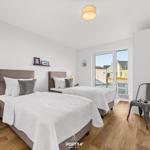 Zwei Betten, Holzboden, Fensterblick, Wand-TV und Stuhl im Zimmer.