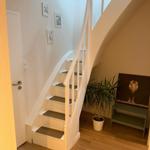 Haus mit weißer Treppe, Pflanze und Wandbild eines Löwen.