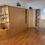 Große Wohnfläche mit Holzmöbeln, Bücherregalen und einem Kleiderschrank.