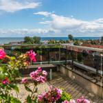 Terrasse mit Blick auf Meer und Dächer, blühende Pflanzen im Vordergrund.