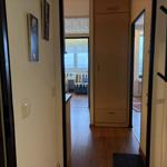 Flur mit Blick in Wohnbereich und Bad. Holzboden und Kleiderschrank sichtbar.