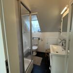 Badezimmer mit Dusche, Toilette und Waschbecken unter Dachschrägen.