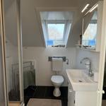 Badezimmer mit Dusche, Toilette und Waschbecken unter Dachschrägen