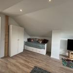 Zimmer mit Dachschrägen, Bett, Kleiderschrank und Fernseher auf Holzstand.