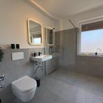 Badezimmer mit Dusche, Waschbecken und Toilette. Fenster mit Rollladen und Pflanzen.