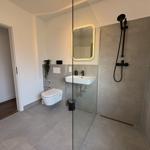 Badezimmer mit Dusche, Waschbecken und Toilette. Glaswand trennt Dusche vom Rest.