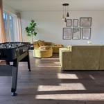 Wohnzimmer mit Sofa, Tischfußball und Pflanze. Wanddekoration und Holzboden.