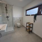 Badezimmer mit Dusche, WC und Waschbecken. Fenster mit Pflanze und Holzregal.