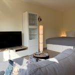 Wohn- und Schlafzimmer mit TV, Schrank und Sofa.