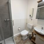 Badezimmer mit Dusche, WC und Waschbecken.