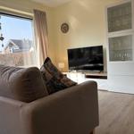 Ein Wohnzimmer mit Sofa, Fernseher und Glaswand-Schrank. Durchblick auf Außenbereich.