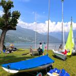 Grünes Ufer mit Booten und Menschen am See