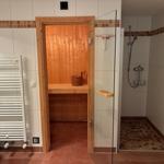 Dusche mit Glaswand, Sauna mit Holzwand und Holzbank, Heizung und Waschbecken.