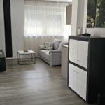 Wohnzimmer mit grauem Sofa, Holzboden und Schrank. Fenster mit weißen Vorhängen.