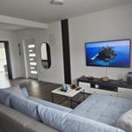 Wohnzimmer mit Sofa, Fernseher und Tisch