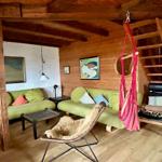 Wohnzimmer mit grünen Sofas, Holzdecke und rotem Hängemattenstuhl.