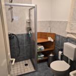 Bathroom with shower, toilet, and wooden shelf with towels.