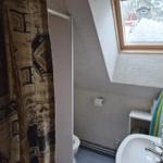 Bathroom with shower, toilet, and sink under sloped roof with window.