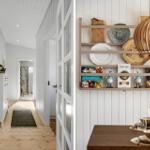 Hallway with cabinet and bathroom, dining area with table, dishes, and lamp