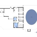 Floor plan with bedrooms, bathrooms, and pool area.