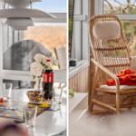 Dining room with game and view. Rattan chair with blanket and water.