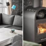 Gray sofa group with table and wood-burning stove with fire.