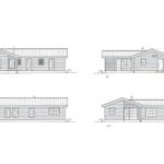Architectural drawings of a house from four views with measurements and window positions.