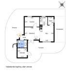 Flur mit Bad, Küche, Wohnzimmer und Terrasse. Raumangaben in Metern.