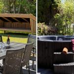 Outdoor area with seating group and wooden shelter. Beside it, a hot tub with towel and chimney.