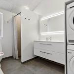 Bathroom with toilet, shower, and washer-dryer combination.