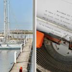 Harbor with sailboat and view of a typewriter with welcome text.