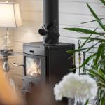 Kaminofen mit brennendem Feuer, Pflanze und Lampe im Raum.
