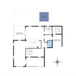 Wohnung mit Küche, zwei Schlafzimmern, Bad und überdachter Terrasse mit Pool.