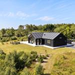 Moderne schwarze Villa mit großem Garten und Wald im Hintergrund.