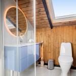 Badezimmer mit Dusche, Waschbecken und Toilette unter Holzdecke mit Dachfenster.