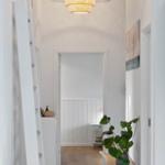 Hallway with ceiling lamp, plant, and white walls.
