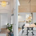 House with dining area and hallway. Wooden ceiling, table with chairs and window.