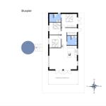 Floor plan shows living area with kitchen, bedrooms, and covered terrace.