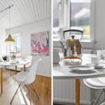 Round table with chairs, kettle and cups in dining room
