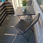 Terrasse mit Tisch, zwei Stühlen und Pflanze. Holzdielen und Fenster im Hintergrund.