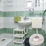 Badezimmer mit Dusche, Waschbecken und Toilette. Wandfliesen in Grün-Weiß.