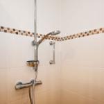 Dusche mit Duschbrause, Handlauf und Mosaikfliesen an der Wand.